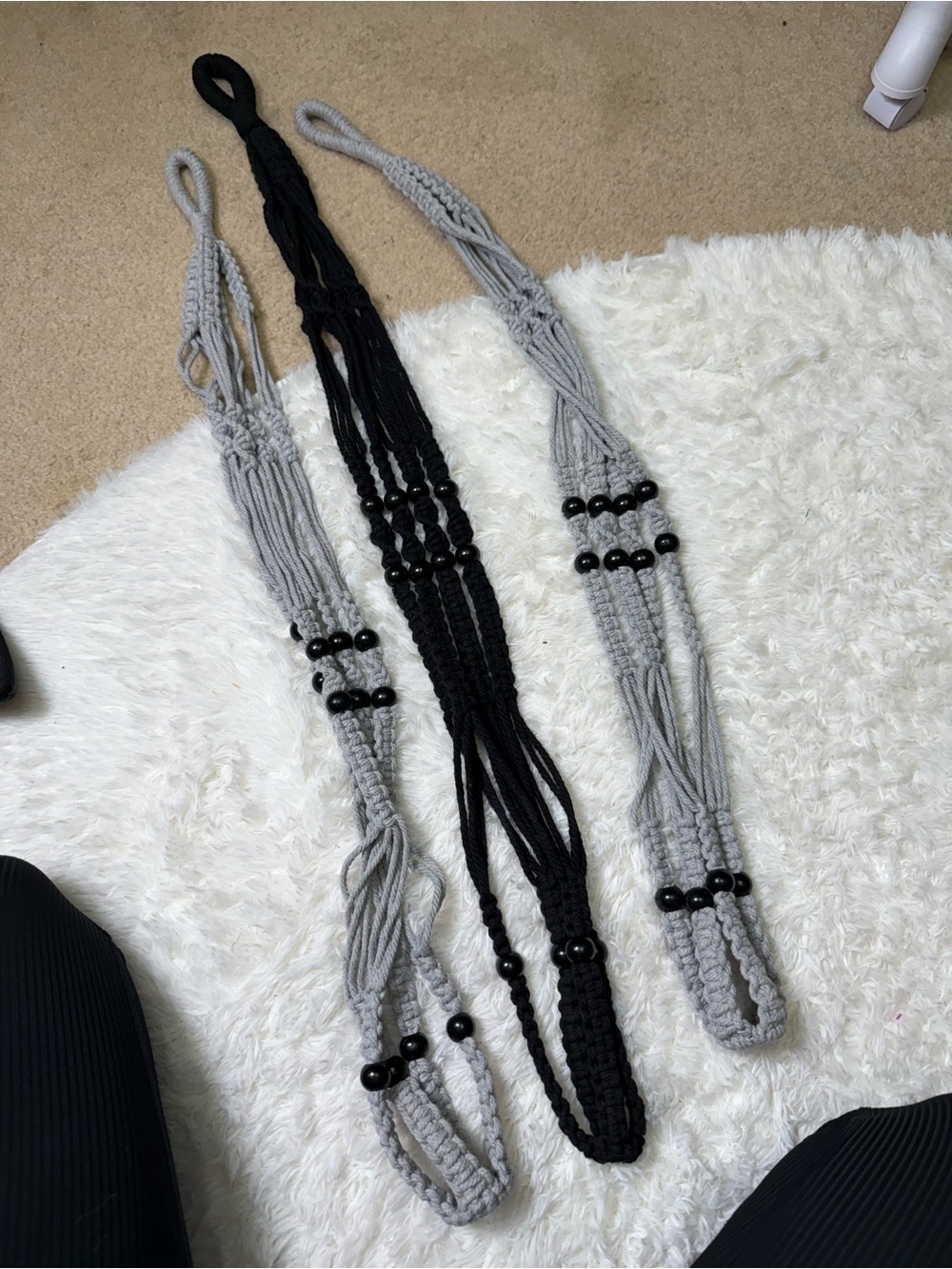 Handmade Gray Macramé Plant Hanger with Black Wood Beads | Boho Hanging Planter